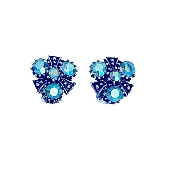 Vintage Blue Aurora Borealis Rhinestone Clip-on Earrings, Shoe Clips, MCM, Retro - Picture 1 of 7